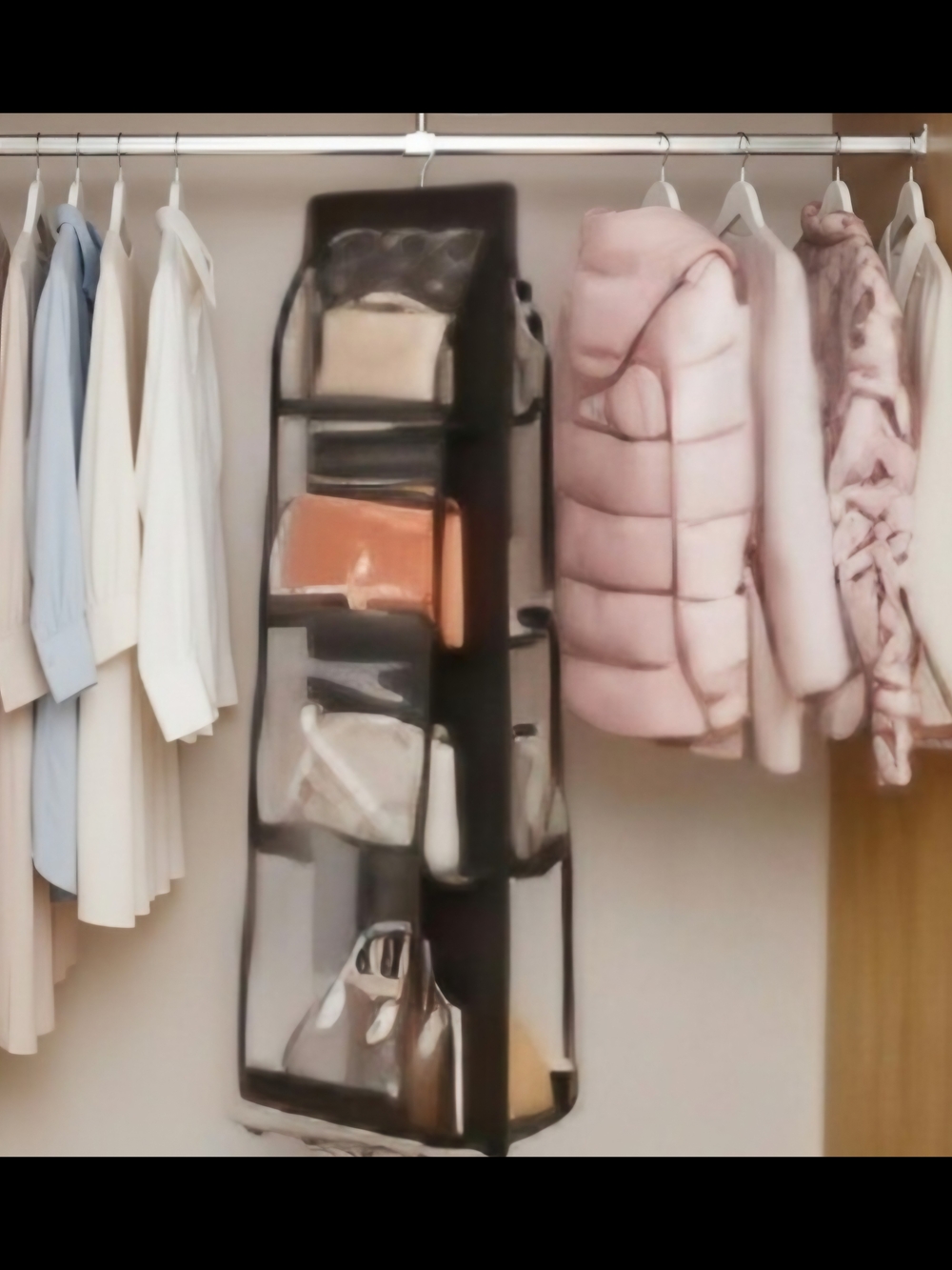 Hanging Bag Organizer Holds 8 Bags Black with Transparent Pockets
